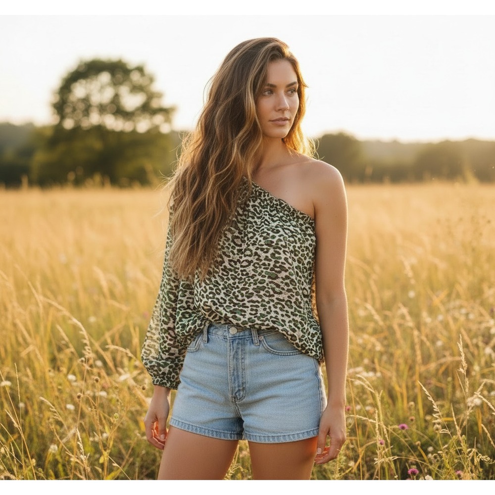 NEW Ro & De L Top Animal Print One Shoulder Green Beige Boho Festival Indie Edgy